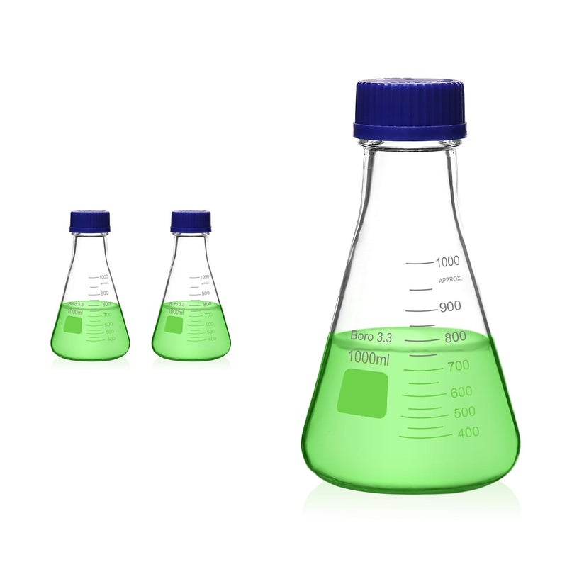 UTILE 2 Pcs 1000ml Glass Erlenmeyer Flask with Blue Cap, Narrow Mouth Erlenmeyer Flasks, Borosilicate 3.3 Glass Conical Flask for Lab Experiment Chemistry Science,4016.0781.2 - Image 1